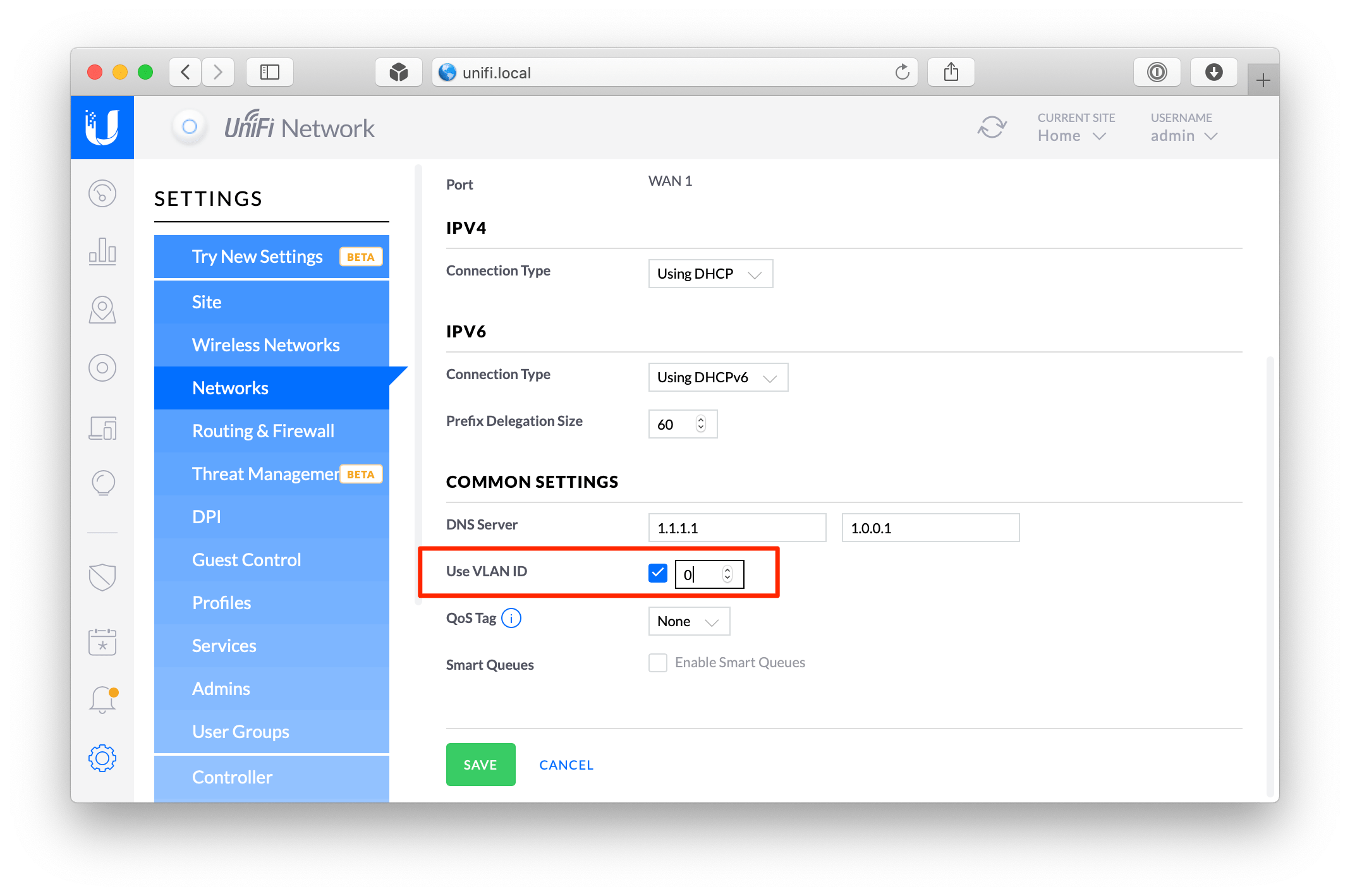 screenshot of unifi controller WAN VLAN settings