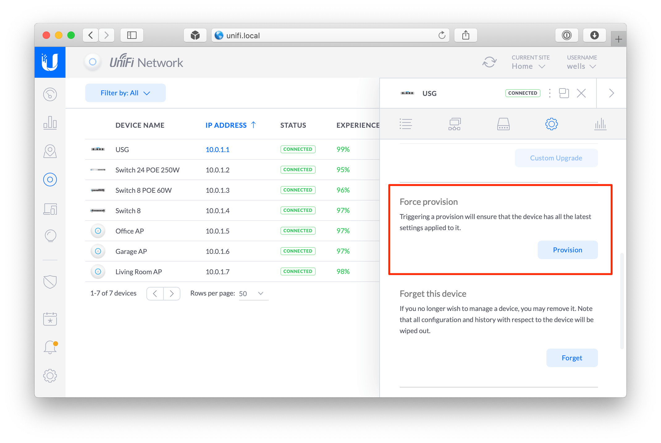 screenshot of unifi controller device settings